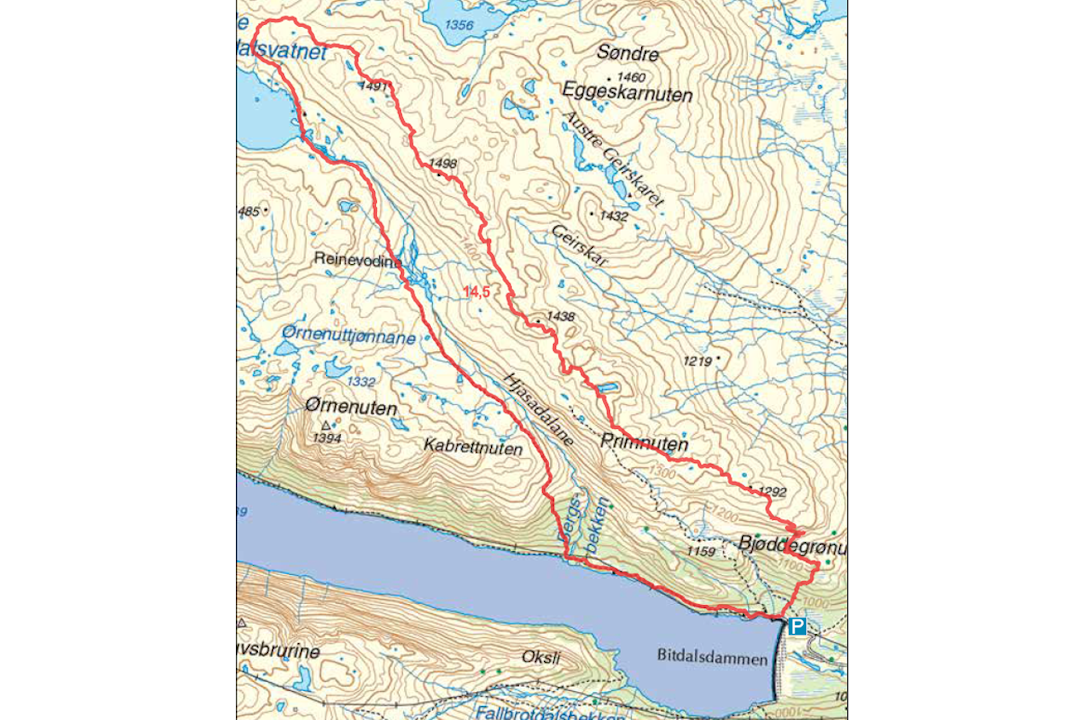Kart primnuten telemark Bitdalsvatn tur norge guide