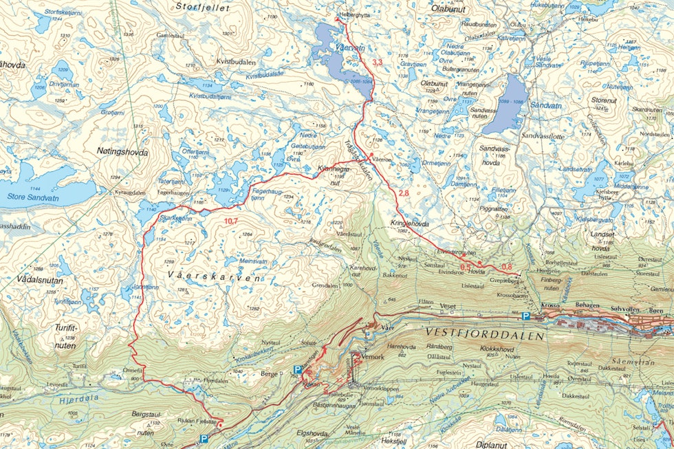 Kart for turen Gvepseborg - Helberghytta - Rjukan Fjellstue Kart