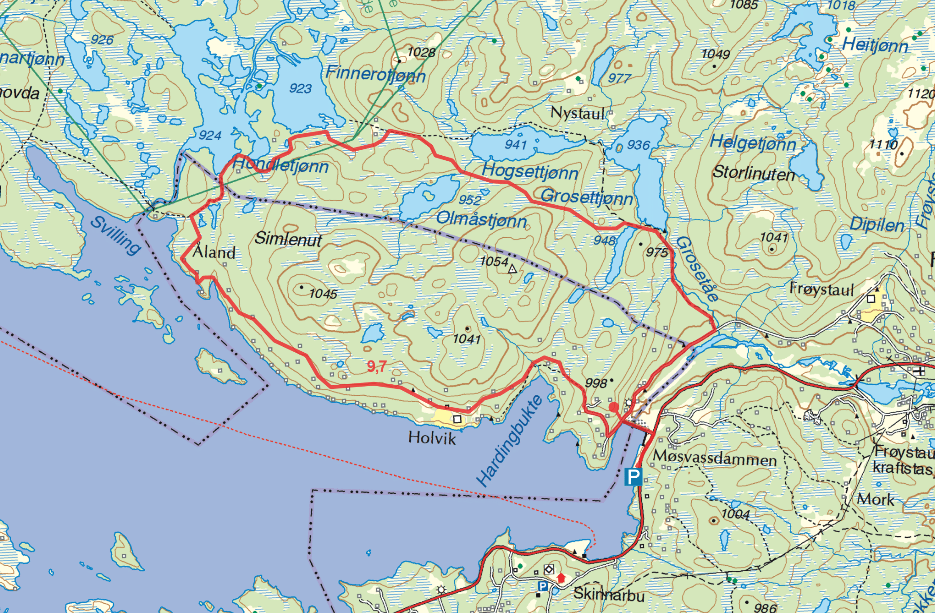 Møsvassdammen - Hondletjønn - Grosettjønn kart turguide Telemark