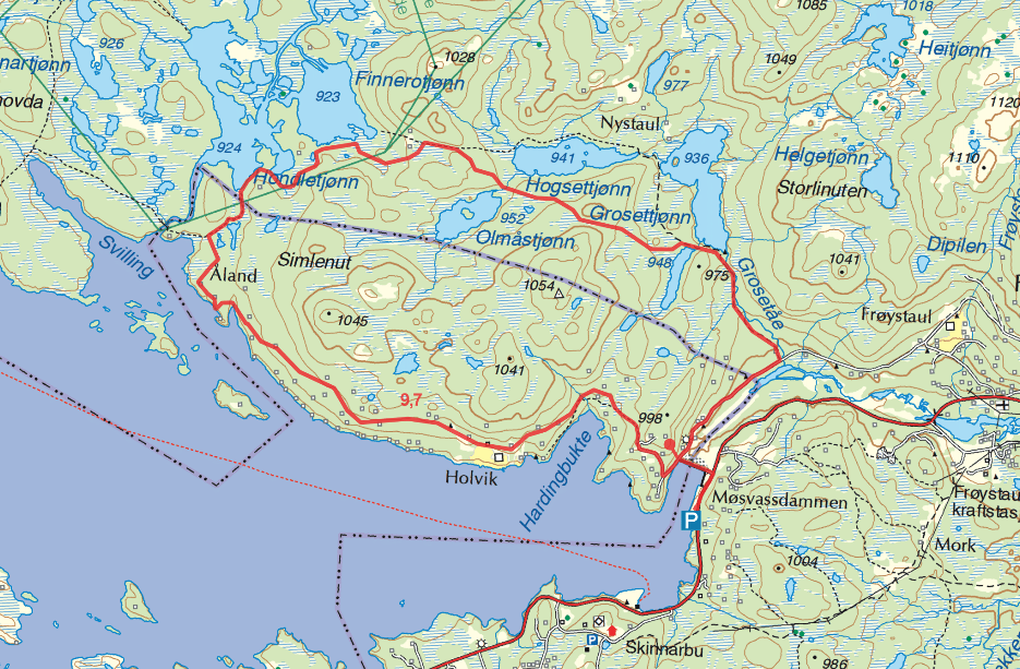 Kart for turen Møsvassdammen - Hondletjønn - Grosettjønn kart turguide Telemark