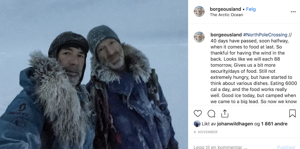 EKSPEDISJONEN: Mike Horn og Børge Ousland kommuniserer via Instagram underveis. Her etter 40 dager. Foto: Børge Ousland