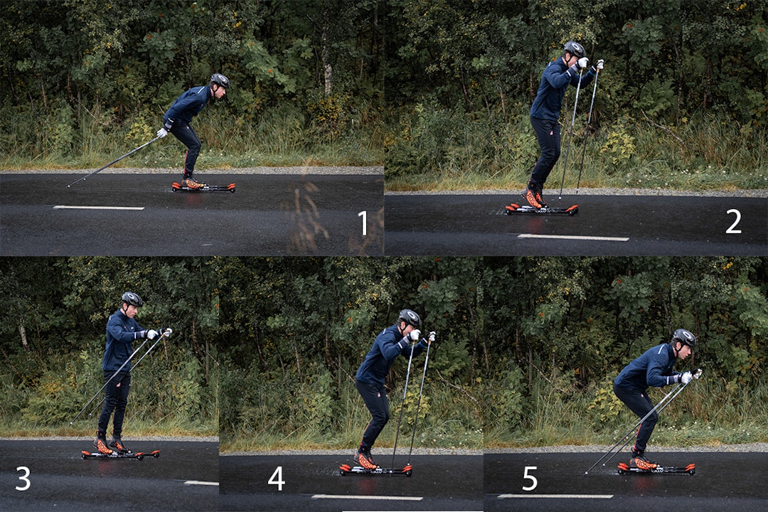 1. Stavtaket er avsluttet og overkropp og armer skal beveges opp og frem i en bevegelse. 2. Armene skal følge overkroppen opp. 3. Når både overkropp og armer er "på topp" faller man med kroppstyngden ned på stavene. 4. Idet stavene treffer asfalten må magen aktiveres slik at det skapes boktrykk. På denne måten kan kraften overføres til stavene. 5. Bøy i knærne mens du fullfører stavtaket. Pass på at du klarer å holde igjen overkroppen, slik at overkroppen ikke blir med for dypt ned mot knærne. Personen på bilde er flink til å se frem, og unngår på denne måten å "bli med ned". Foto: Martin Andersen Rulleski-1