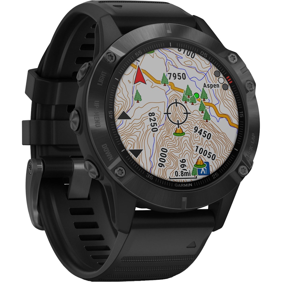 TØFFEST: Garmin Fenix 6 Pro Solar har alle de mest avanserte funksjonene du kan få på en treningsklokke i dag. Topo-kart og solid metallhus gjør den velegnet til eventyrlige friluftsopplevelser. Garmin Fenix G Pro