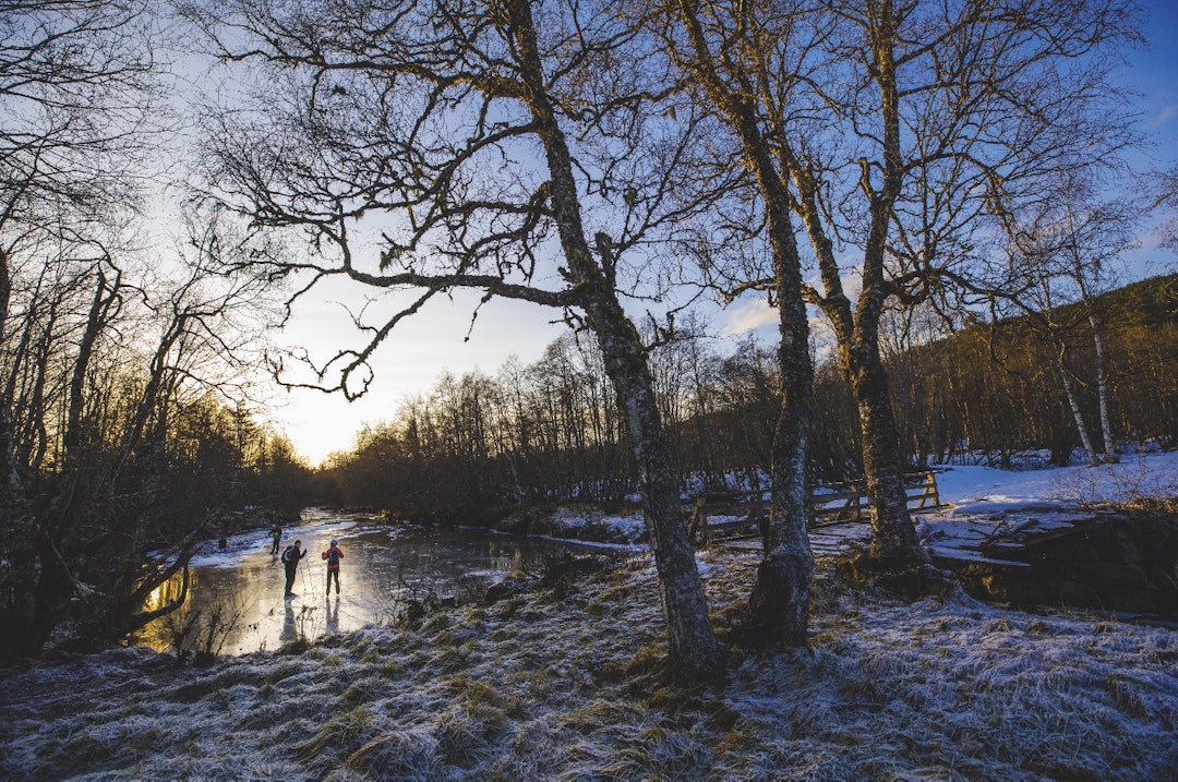 KVELDLYS: Sola er i ferd med å gå ned, og lyset skifter fra strålende vintersol til rødskimrende kveldslys. Vi nyter hvert øyeblikk.