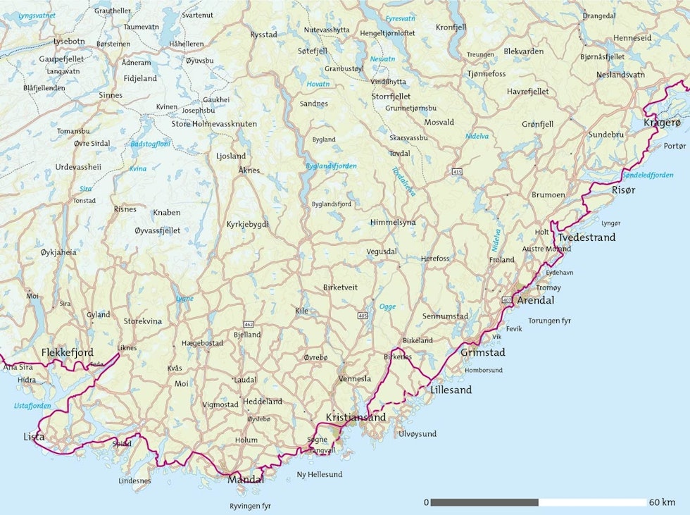 Sørlandet-på-sykkel-Kart