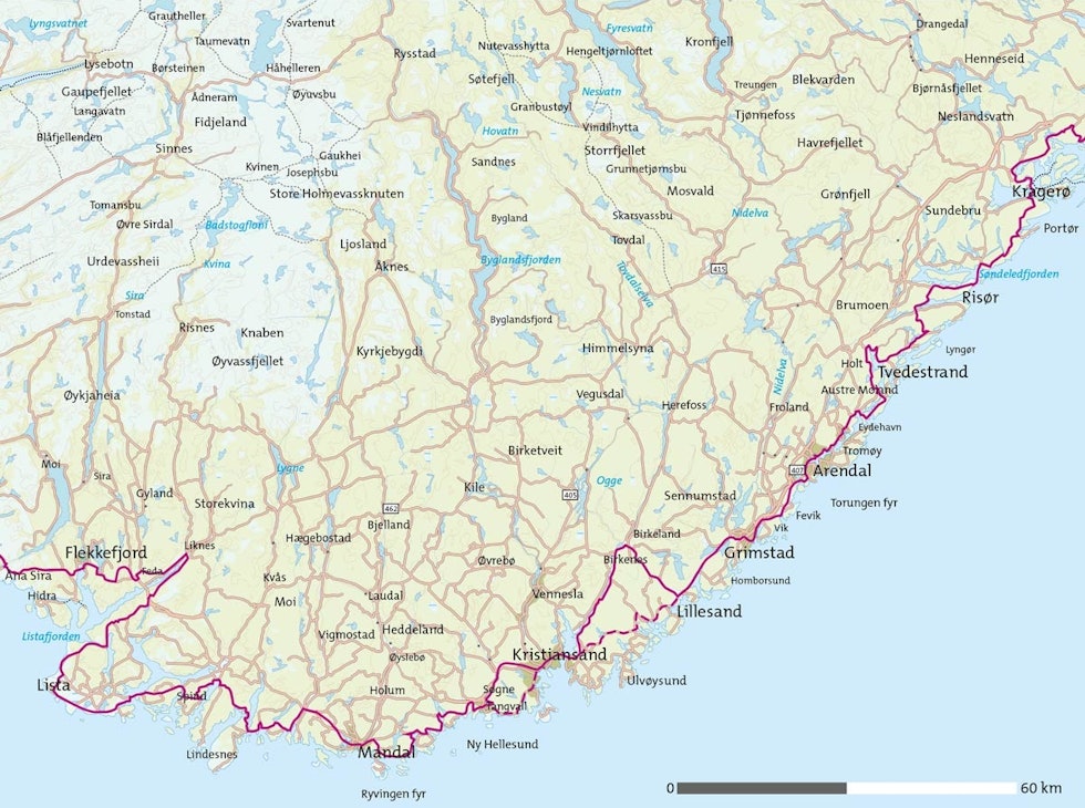 Sørlandet-på-sykkel-Kart