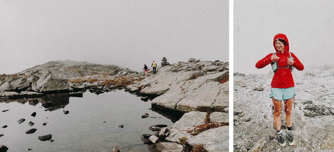 1. GEITHETTA: Toppunktet på etappen mellom Jøldalshytta og Trollheimeshytta. Foto: Gunhild Aaslie Soldal. 2. FORFRISKNINGER: Artikkelforfatteren koser seg med digre snøfiller innunder Blåhøa. Foto: Anette Wilhelmsen trollheimen