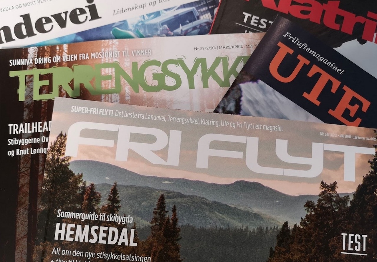 SLÅTT SAMMEN: Fem titler, ett felles magasin. Fri Flyt på print vil nå bestå av et beste fra Fri Flyt, Landevei, Ute, Terrengsykkel og Klatring. SLÅTT SAMMEN: Fem titler, ett felles magasin. Fri Flyt på print vil nå bestå av et beste fra Fri Flyt, Landevei, Ute, Terrengsykkel og Klatring.
