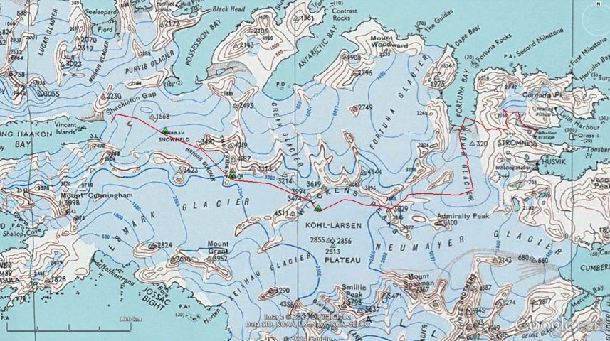 kart Shackleton-ruta fra King Haakon Bay til Strømnes