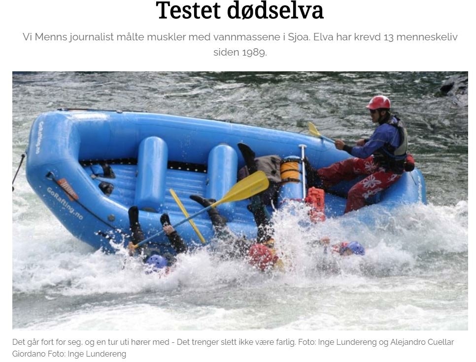 Vi menn overdriver voldsomt i beskrivelsen av en ganske alminnelig raftingtur på Sjoa. Foto: Skjermdump Rafting Sjao guide UTEmagasinet FAQ