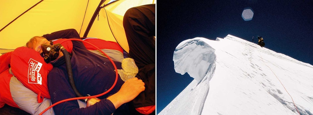 1. HARD KAMP: Everest-ekspedisjonen i 2007 ble en brutal påkjenning for kroppen. Simen måtte kjempe seg ned på egen hånd. Da diabetikeren omsider kom ned til campen, hadde han blodsukkerverdier som var åtte til ti ganger over normalt.2. NÆR MÅLET: Her på vei opp toppeggen på fjellet Gasherbrum II (8035 moh.) i Pakistan. Begge bilder: Privat Simen mørdre