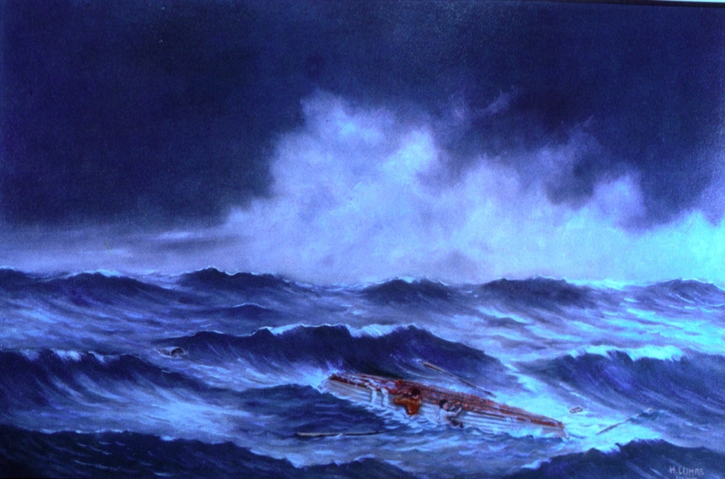 Der lå de med full oljehyre og sjøstøvler ved siden av en kantret robåt i full storm. Akvarell: H. Lums