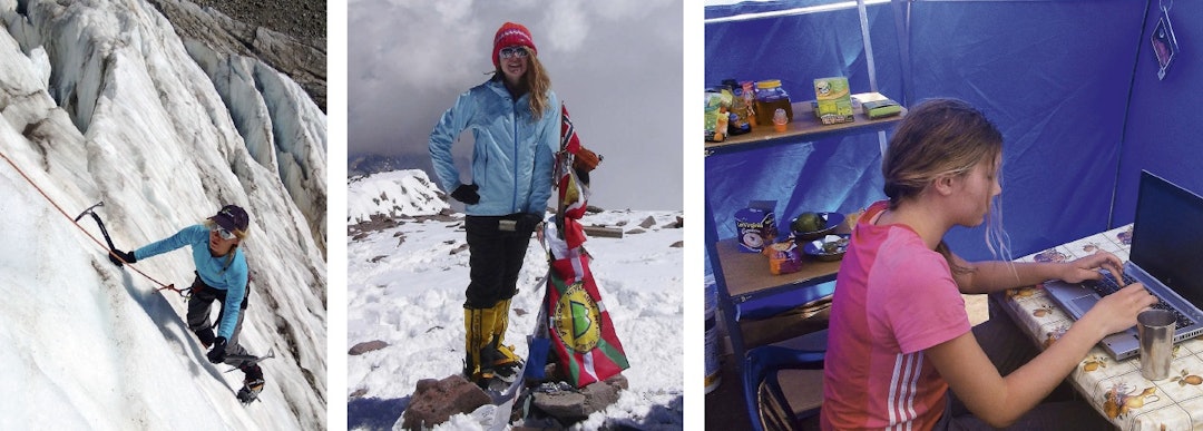 1. IS-SOMMER: Isklatretrening på Monte Rosa. 2. STOLT ØYEBLIKK: På toppen av Aconcagua. Jeg trodde ikke vi skulle klare det, sier Michelle. 3. LEIRLIV: Selv om skolen mer enn gjerne tilrettelegger for Michelle sine turer, kommer hun ikke unna leksene. Foto: Gerhard Tost michelle tost amundsen