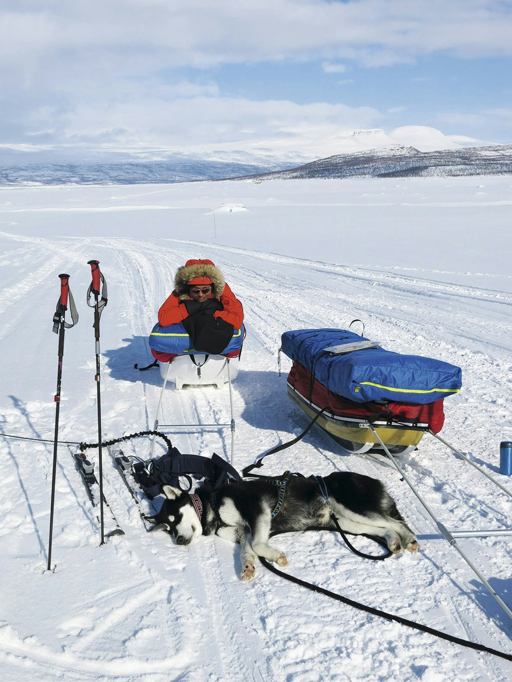 EN FEM-MINUTTER: Like før vi gikk inn i Padlejanta Nasjonalpark. Inger og hundene tar seg en fem-minutter, mens sola varmer. Foto: Therese Kongsli Jakobsen padlejanta