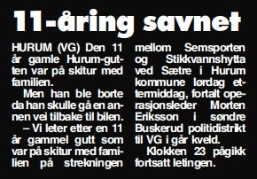 Notis i VG 14. februar 2010 savnet på tur