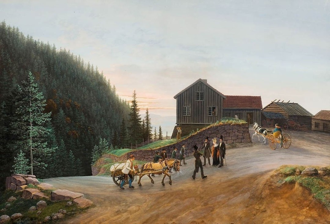 SOLNEDANG PÅ KLEIVSTUA: Bildet fra 1834 er et hovedverk av Johannes Flintoe, malt i gouache. Solnedgang på Kleivstua fra 1834 er et hovedverk av Johannes Flintoe, malt i gouache.