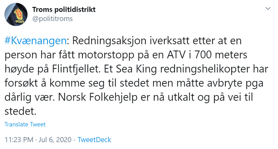 politi twitter utemagasinet redningsaksjon