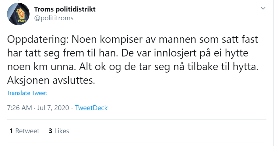 Redningsaksjonen ble avsluttet i morges. Redningsaksjon politi twitter
