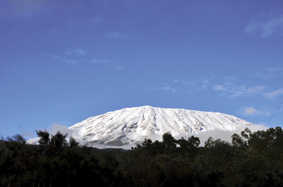 "DEN HVITE SNØEN": Hemingways tittel er det som møter oss den første morgenen, men snøen på Kilimanjaro kan smelte innen 20 år. Foto: Henriette Aas.