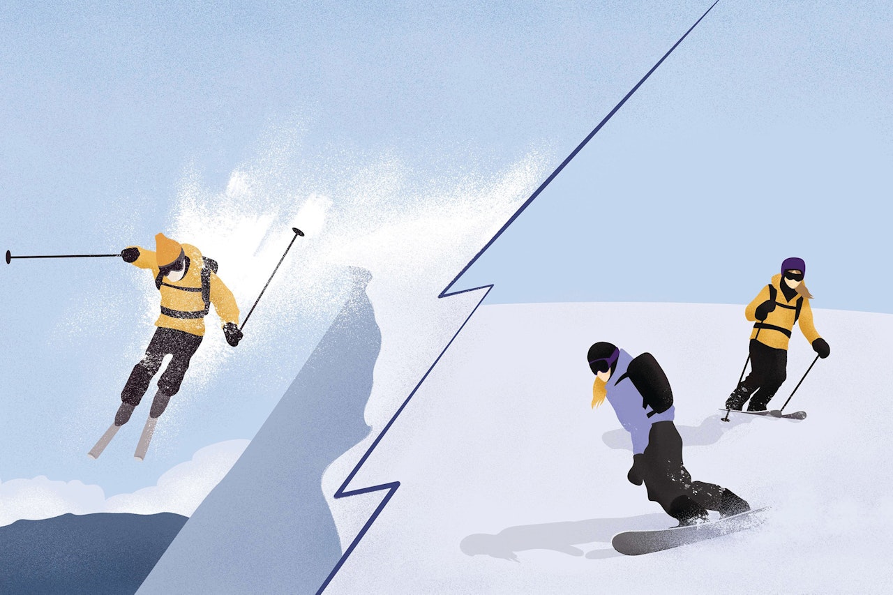 TESTOSTERON-BESTEMT: Ni av ti ski- eller snowboardkjørere som omkommer i snøskred i Norge er menn. Illustrasjon: Anne Vollaug
