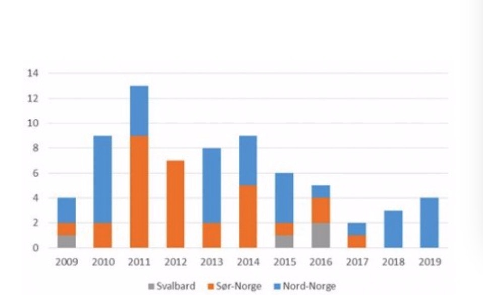 Antall omkomne i snøskred i Norge siden 2009. Kilde: varsom.no Antall omkomne i snøskred i Norge siden 2009. Kilde: varsom.no