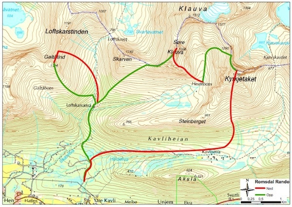 Her er den planlagte løypa tegnet inn på kartet.