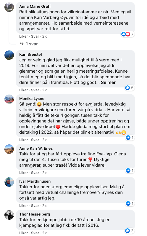 REAKSJONER: Fra EXA sin Facebook-side. Skjermbilde 2021-05-10 kl. 08.35.43