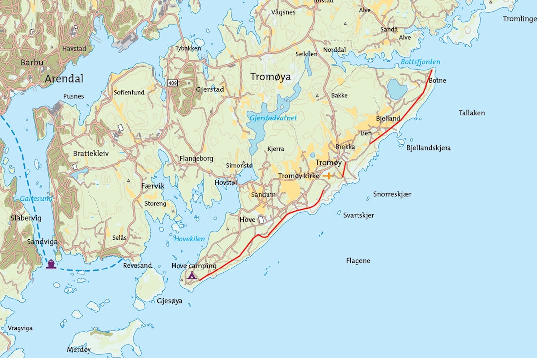 Kart for turen Tromøya Arendal Sørlandet turguide