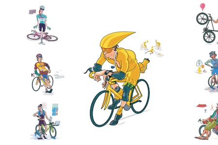 HVEM ER DU? Bikepacker, rullesyklist eller kanskje gramjeger? Eller er du han eller hun som ALLTID har punktert og kjedet knirker? Illustrasjon, Simon Scarsbrook.  forskjellige typer i sykkelsporten