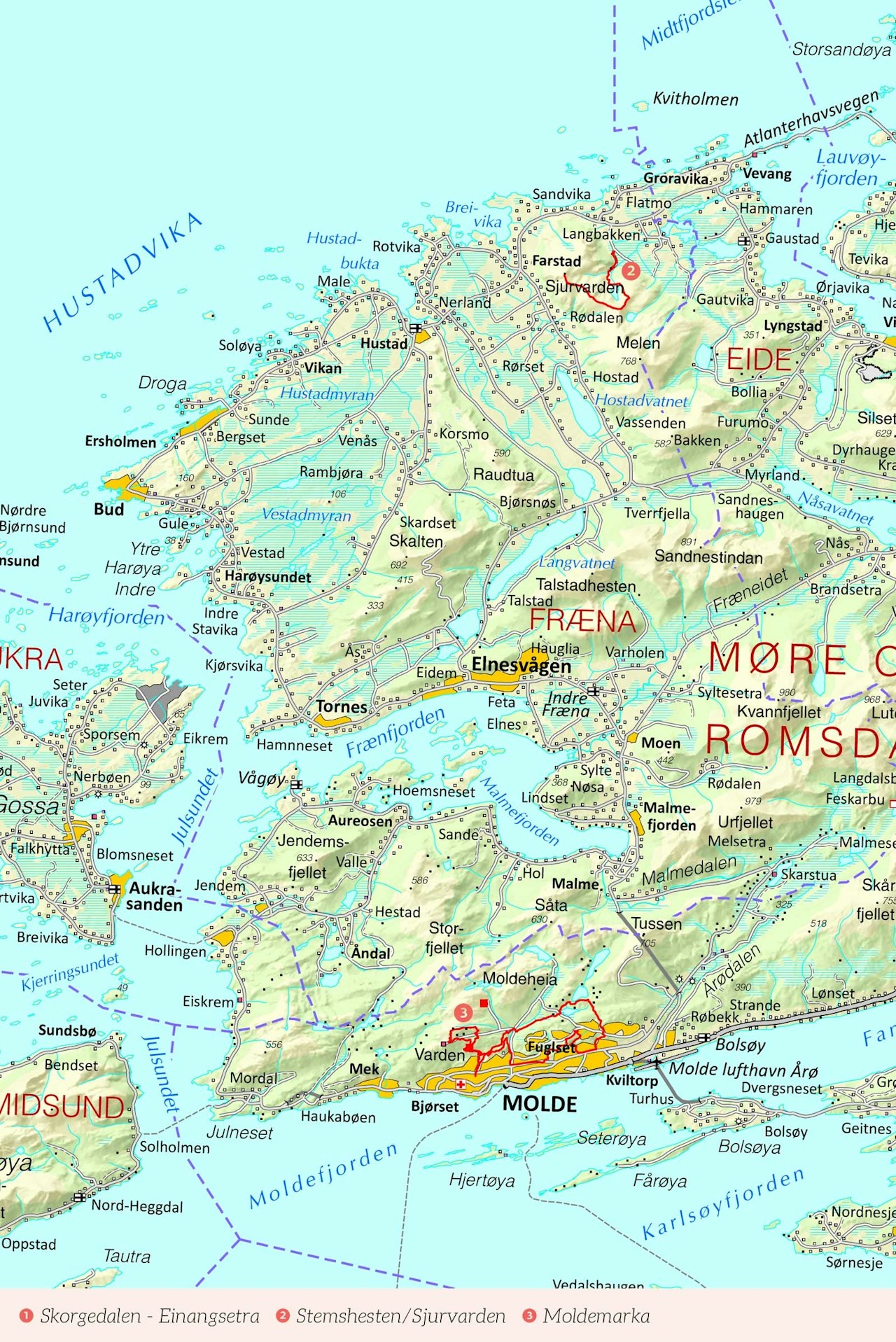 Oversiktskart over Romsdal med inntegnet rute. Fra Stisykling i Norge.