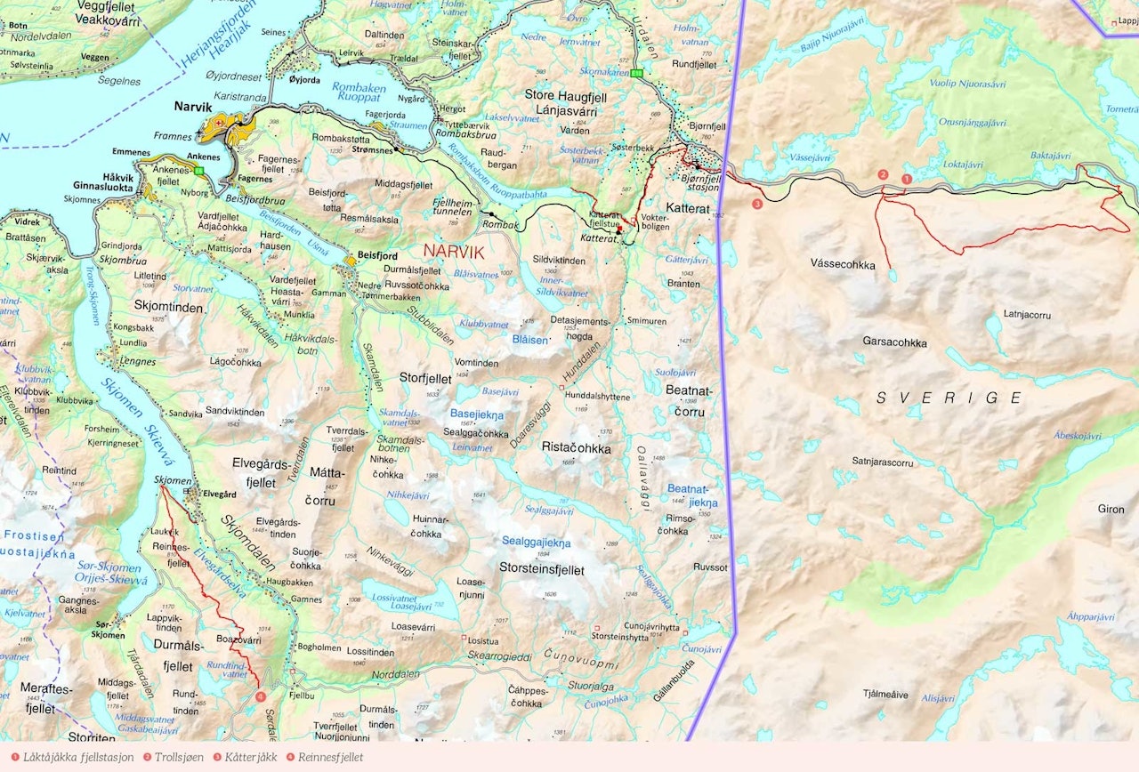 Oversiktskart over Narvik med inntegnet rute. Fra Stisyklling i Norge.