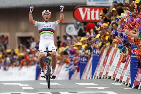 OKSEBRØL: Thor Hushovd herjet plutselig i fjellene i Tour de France 2011. Det ga ham to individuelle etappeseire, syv dager i gul trøye og seier på lagtempoen. Foto: Cor Vos.