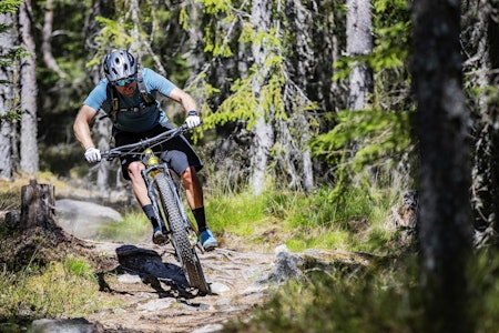 STISYKLING PÅ GRIMSÅSEN: Terrengsykkel-redaktør Kristoffer H. Kippernes på en av de morsomme stiene i Grimsåsen rett utenfor sentrum i Trysil. Foto: GT.  stisykling tips trysil