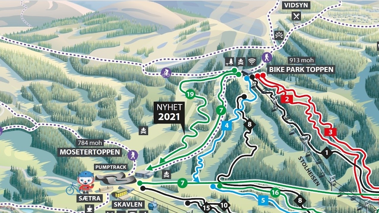 NY, GRØNN: Den nye løypa skal går fra toppen av stolheisen og ende opp ved den enorme pumptracken på Mosetertoppen. Illustrasjon: Hafjell Bike Park. hafjell bike park utforsykling familie nybegynner