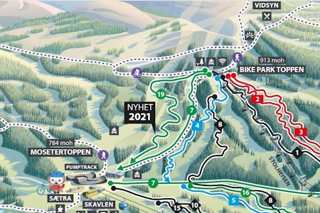 NY, GRØNN: Den nye løypa skal går fra toppen av stolheisen og ende opp ved den enorme pumptracken på Mosetertoppen. Illustrasjon: Hafjell Bike Park. hafjell bike park utforsykling familie nybegynner