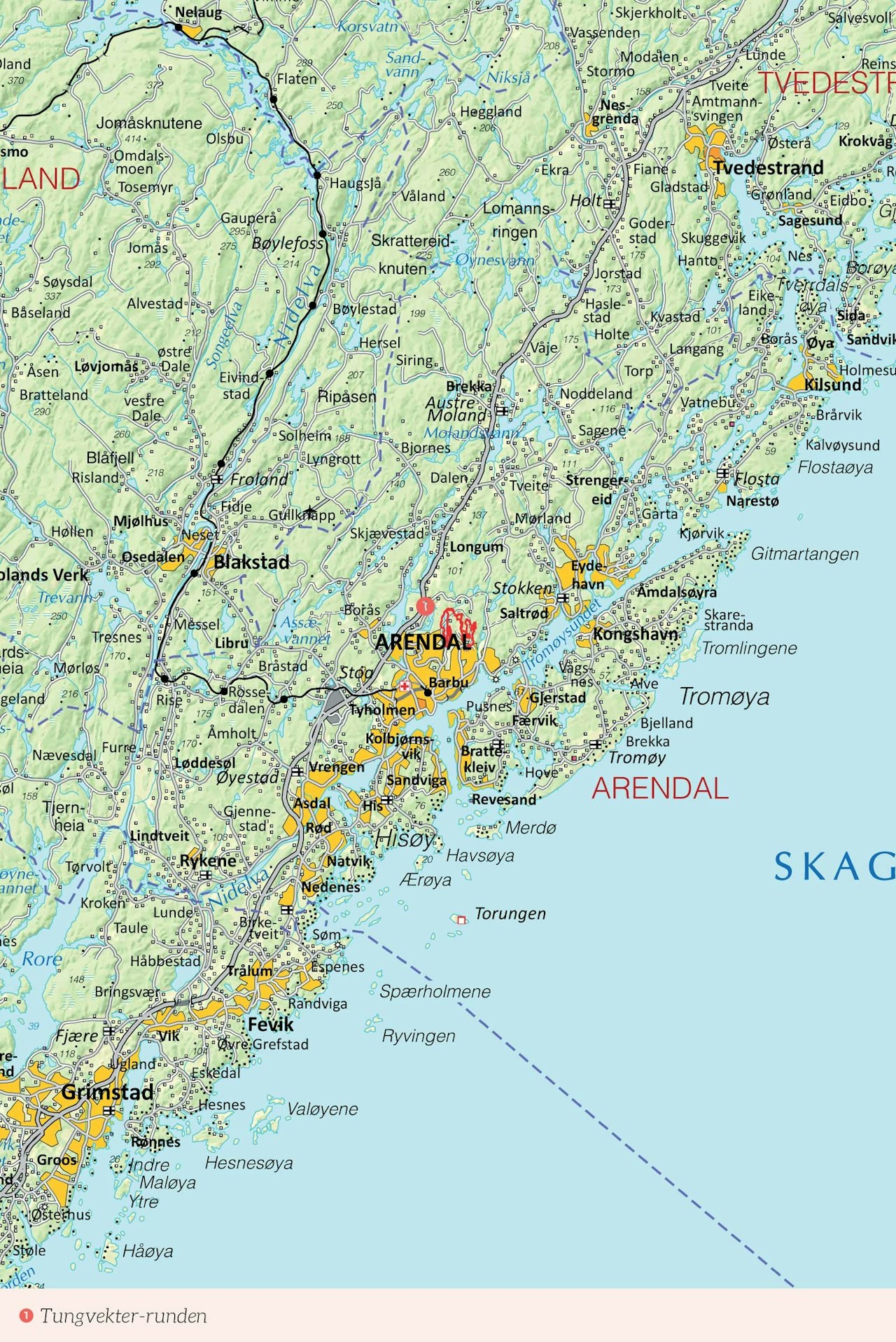 Oversiktskart over Arendal med inntegnet rute. Fra Stisykling i Norge.