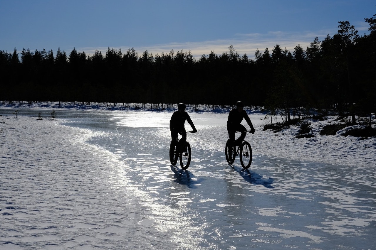 VINTERGLEDER: På senvinteren kan man oppleve og utforske områder som ikke er tilgjengelige før på senvinteren, som her i Svartholtet i Elverum. Vel å merke med gode piggdekk! Foto: Fredrik Steenberg Thompson Svartholtet Elverum vintersykling