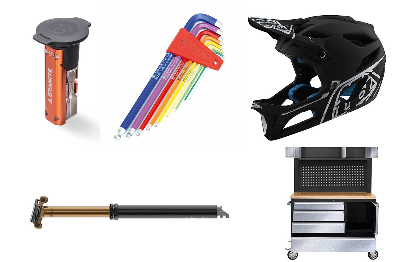 RYDDIG UTSTYR: Mekkebenk, unbrakosett, integrert miniverktøy, lett helhjelm og lang senkepinne - unn deg noe nytt før sommeren virkelig setter inn. Granite design stash tool, PB Swiss tool-set, Troy Lee Stage, Fox Transfer, P-Lindeberg-benk.