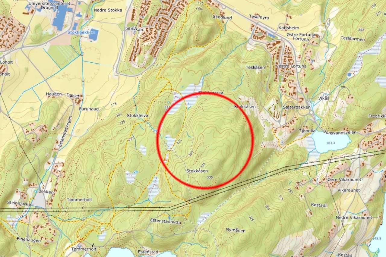 STOKKÅSEN: Stokkåsen på øst-siden av Trondheim er et av flere populære sykkelområder i Trondheim. Skjermdump: Norgeskart syklist ulykke stokkåsen