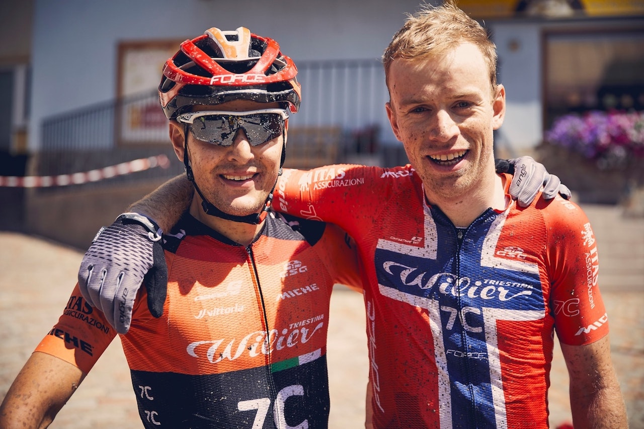 Marco Rebagliati og Ole Hem i Wilier Force 7C ble nummer tre i Trans Alp 2019. Neste uke skulle de debutert i Cape Epic. Foto: Trans Alp