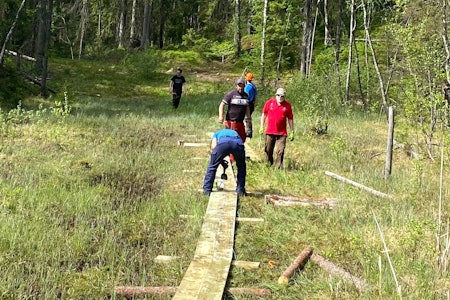 KLOPPEDUGNAD: Etter en ekstra våt vinter med økt bruk av marka er det behov for mer vedlikehold og tilrettelegging i marka. Det har NOTS Follo tatt tak i og initiert et lokalt samarbeid. Foto: Endre Løvaas Klopping NOTS Follo