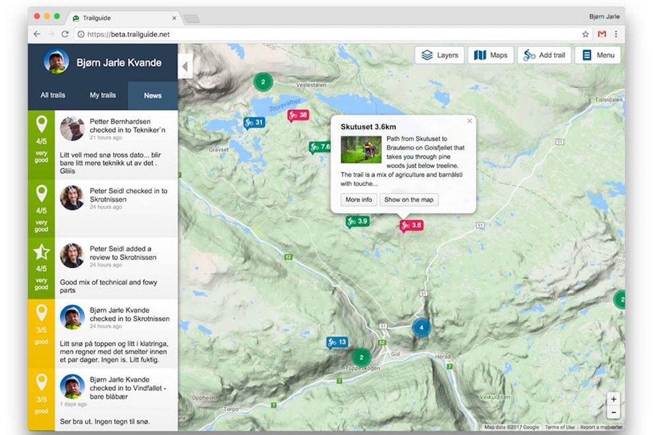 Trailguide.net utvider tjenestene med blant annet ny sosial plattform som gjør innsjekking, rangering og deling enklere, samt at stadig nye stier i inn- og utland legges til. Foto: Bjørn Jarle Kvande Trailguide.net utvider tjenestene med blant annet ny sosial plattform som gjør innsjekking, rangering og deling enklere, samt at stadig nye stier i inn- og utland legges til. Foto: Bjørn Jarle Kvande