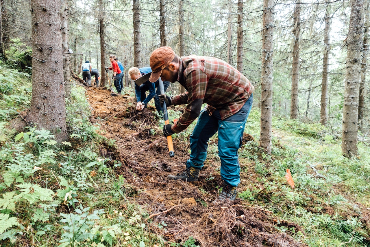 Det ble bygget mye solid sti under stibyggerkurset til NOTS Tromsø, og arbeidet har fortsatt utover høsten. Foto: Rekkje Stiutvikling Det ble bygget mye solid sti under stibyggerkurset til NOTS Tromsø, og arbeidet har fortsatt utover høsten. Foto: Rekkje Stiutvikling