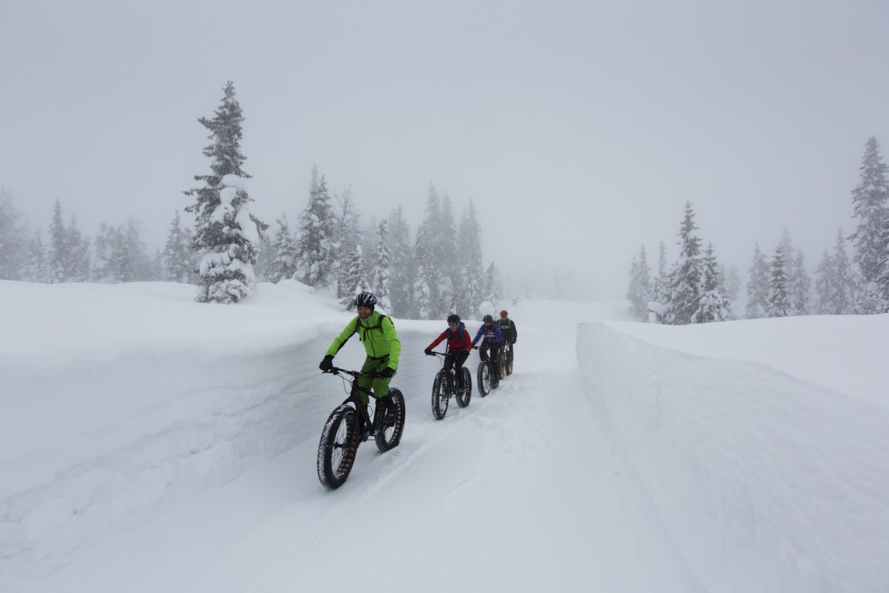 På tur i snøføyka: Plan A var en tur på fjellet rundt Skeikampen, men det satte tåke og tett snødrev en effektiv stopper for. Vi fant likevel fine forhold for sykling på fatbike under tregrensa i- og rundt anlegget på Skeikampen.