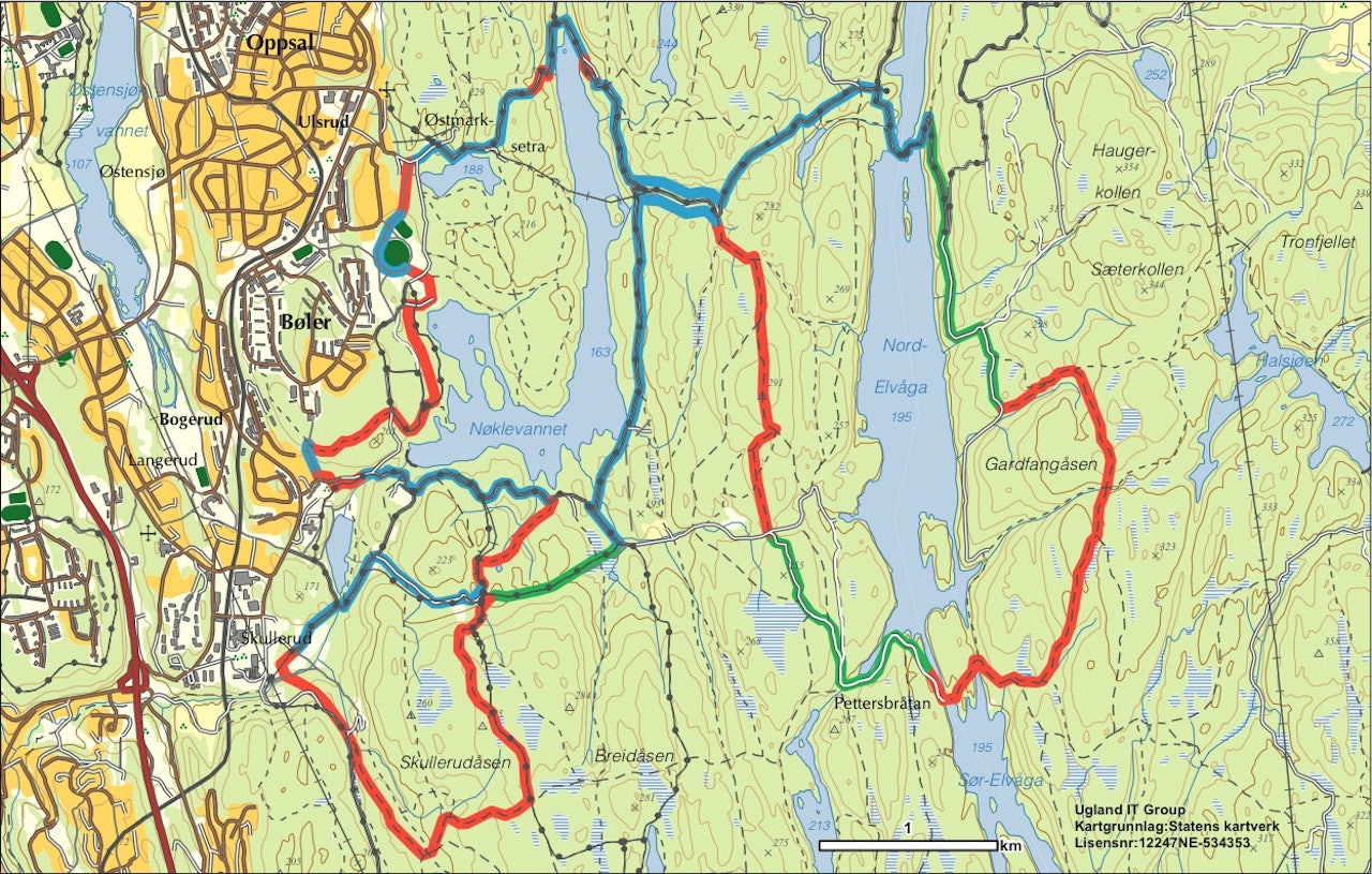 LØYPA:  Blått=grus, grønt=kjerrevei, rødt= stisykling. Utforprisen går fra Skullerudåsen til Skullerud. LØYPA:  Blått=grus, grønt=kjerrevei, rødt= stisykling. Utforprisen går fra Skullerudåsen til Skullerud.