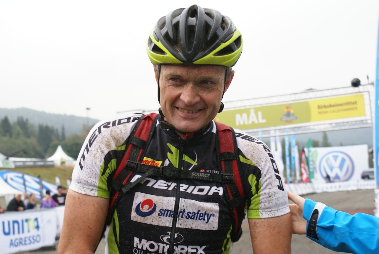 JEG ER BEST: Jan Olav Beitmyren fra Merida Smart Safety var førstemann i mål i Lillehammer. birken birkebeinerrittet