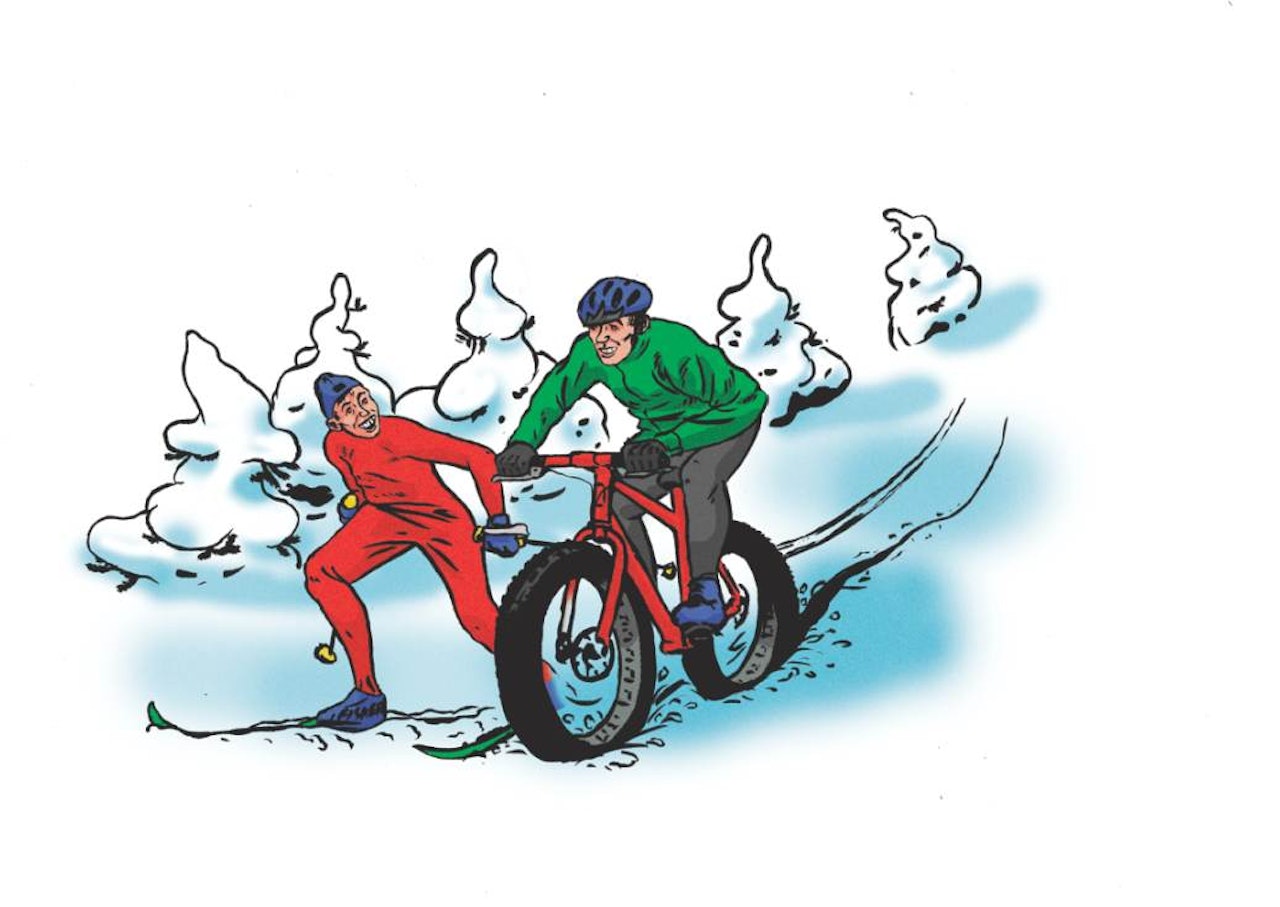 KONFLIKT? Terrengsykkels redaktør mener syklister og skiløpere bør kunne leve fredelig side om side til vinteren, selv om veldig mange har skaffet seg fatbike. Illustrasjon: Didrik Magnus-Andresen KONFLIKT? Terrengsykkels redaktør mener syklister og skiløpere bør kunne leve fredelig side om side til vinteren, selv om veldig mange har skaffet seg fatbike. Illustrasjon: Didrik Magnus-Andresen