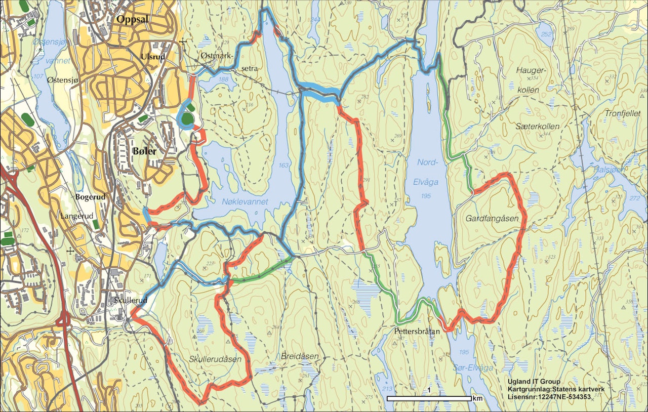 FIN TUR:  Terrengsykkelrittet går på stier og grusveier i Østmarka. Her er kartet for årets løype. Så godt som lik som i 2008, men med en litt endret start og siste fem kilometer. Blått = grus, grønt = kjerrevei, rødt = sti.