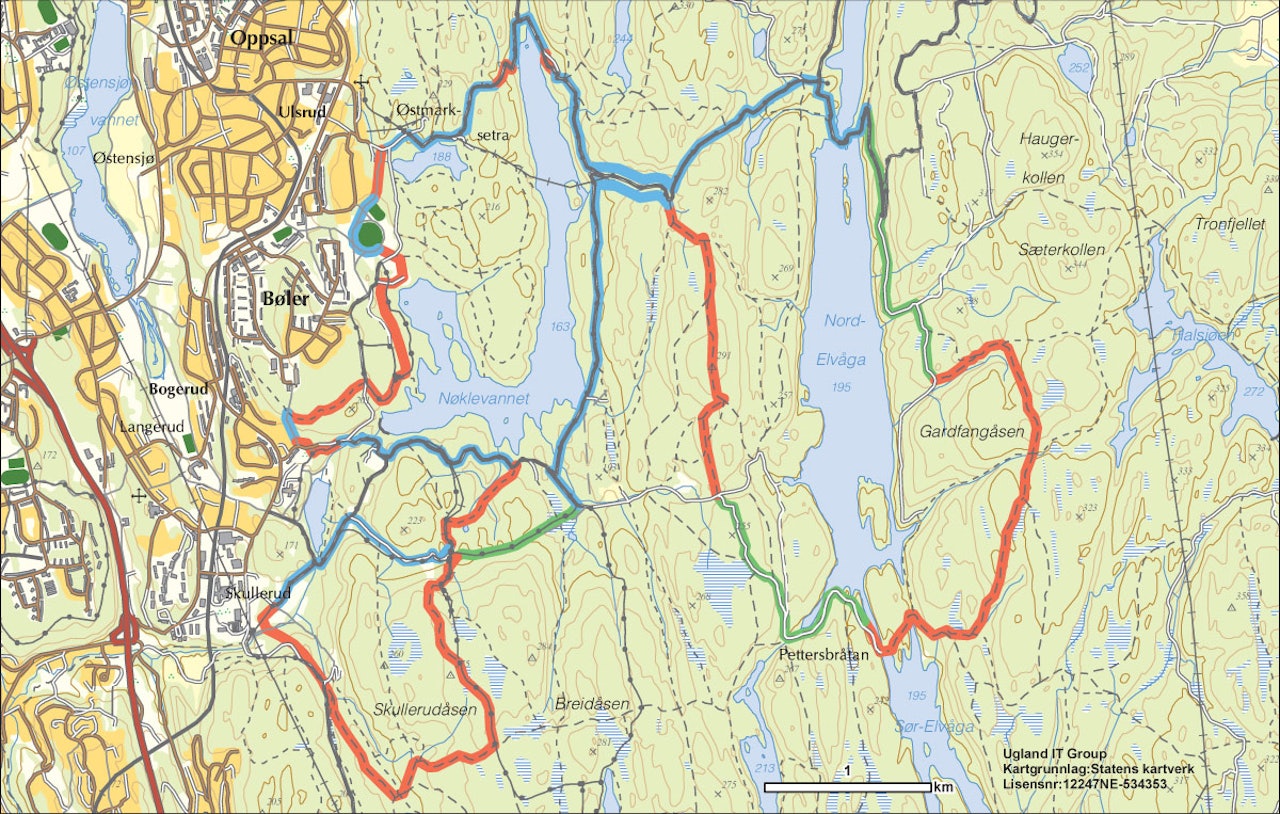 FIN TUR:  Terrengsykkelrittet går på stier og grusveier i Østmarka. Her er kartet for årets løype. Så godt som lik som i 2008, men med en litt endret start og siste fem kilometer. Blått = grus, grønt = kjerrevei, rødt = sti. FIN TUR:  Terrengsykkelrittet går på stier og grusveier i Østmarka. Her er kartet for årets løype. Så godt som lik som i 2008, men med en litt endret start og siste fem kilometer. Blått = grus, grønt = kjerrevei, rødt = sti.