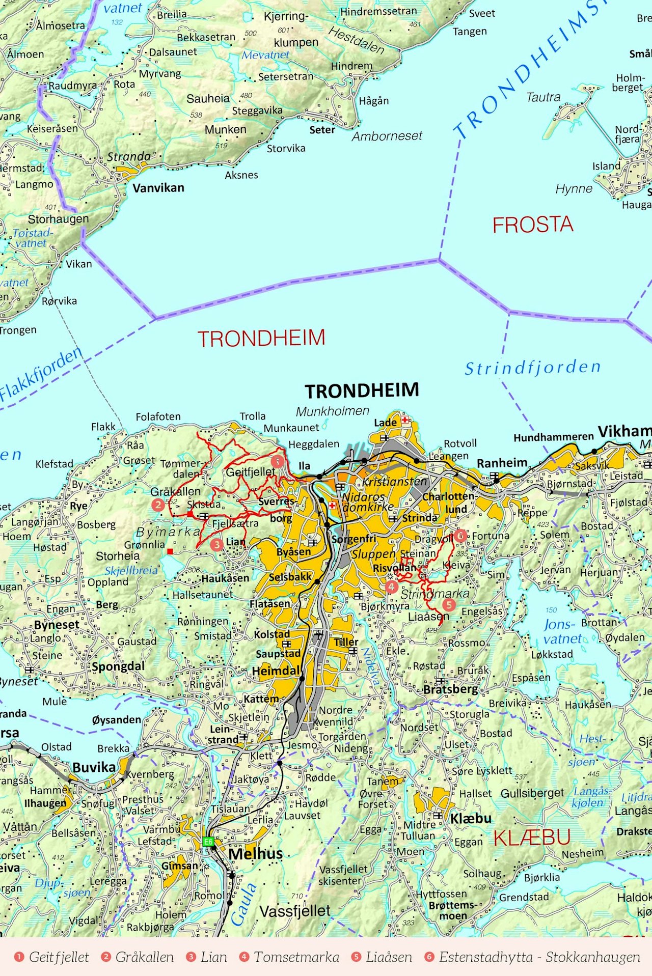 Oversiktskart over Trondheim med inntegnet rute. Fra Stisykling i Norge.